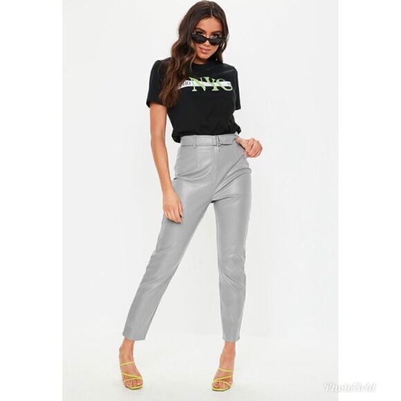 Missguided Grey Faux Leather Belted Cigarette Trousers - Picture 3 of 10